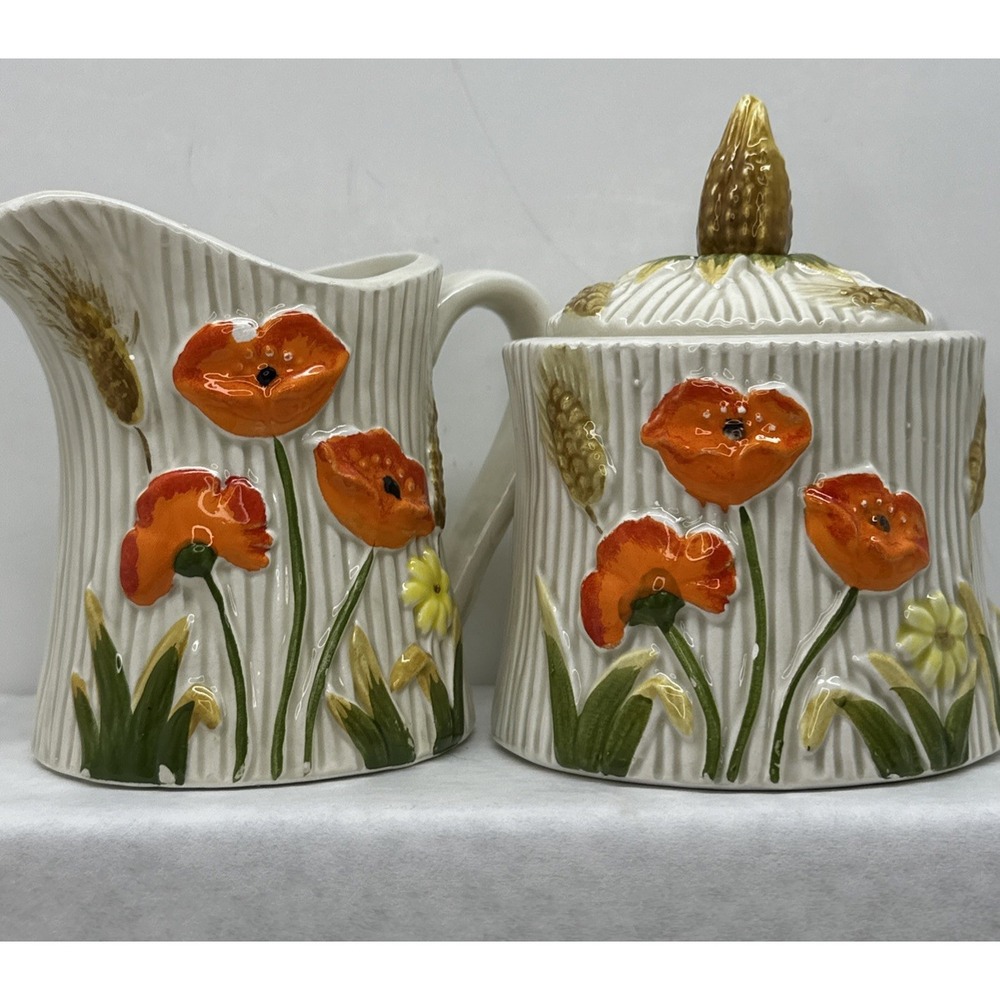 Lefton Orange Poppy and Wheat Creamer Lidded Sugar Bowl Set Floral Autumn VTG